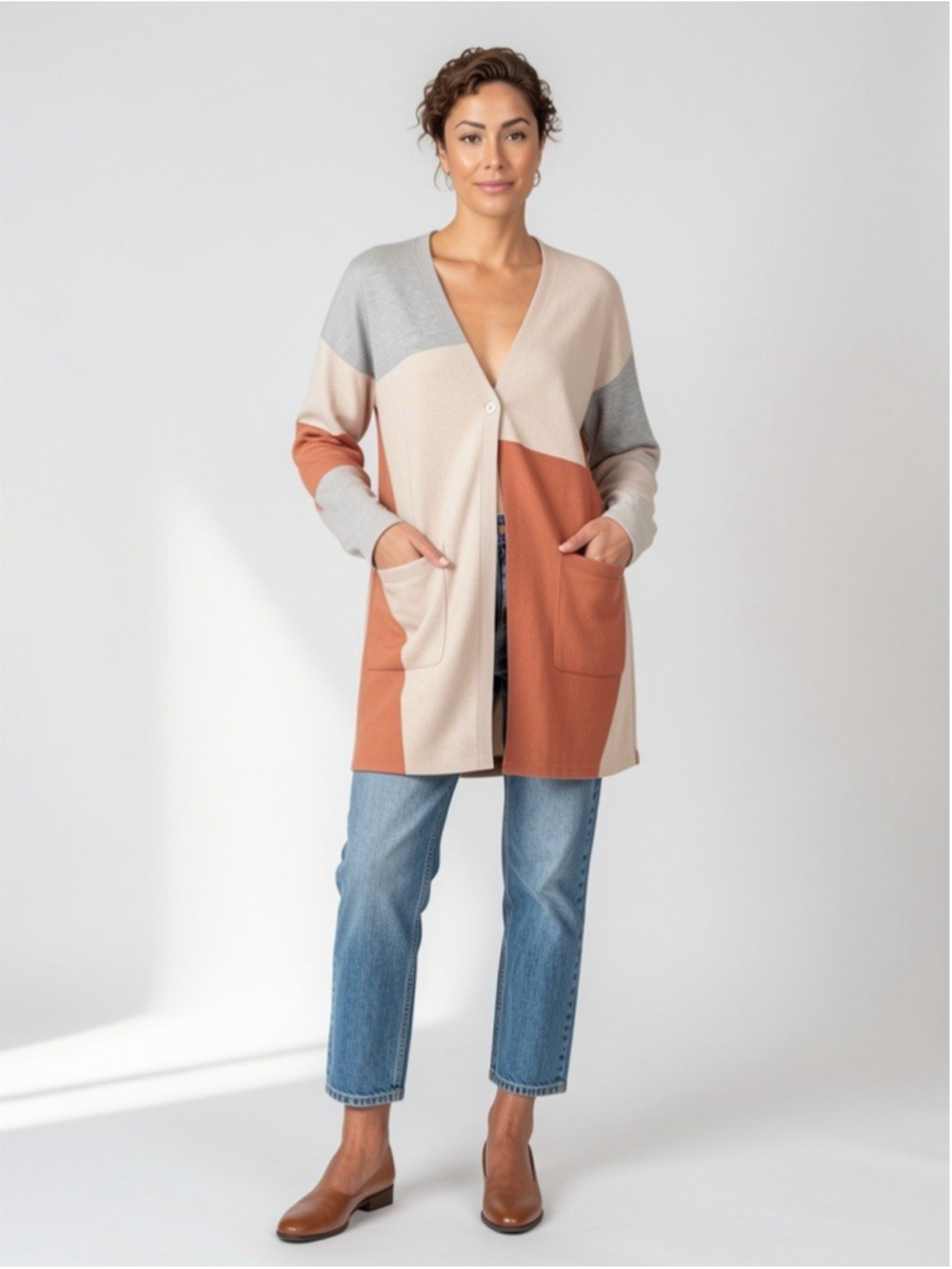 J. Jill Pure Jill Colorblock Patchwork Cardigan Longline Single Button Duster M